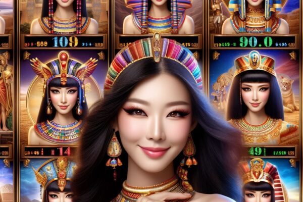 A collage of nine Cleopatra-themed casino slot games featuring vibrant graphics and Egyptian symbols