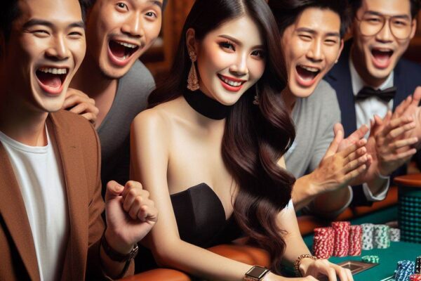 Group of players cheering and rolling dice at a craps table, creating an exciting atmosphere.