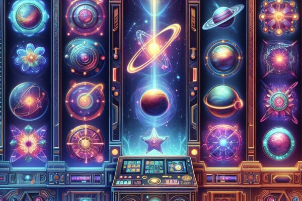 An exciting and futuristic slot machine set in outer space, featuring cosmic-themed symbols and vibrant colors.